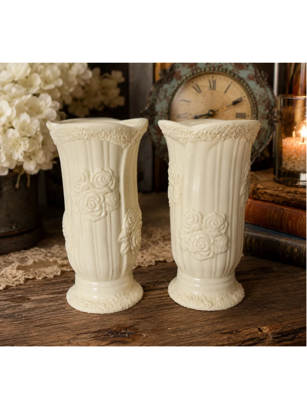1980-1990’s Pair Bisque Porcelain Rose Vases Chalky Finish 6” Tall Vintage Style